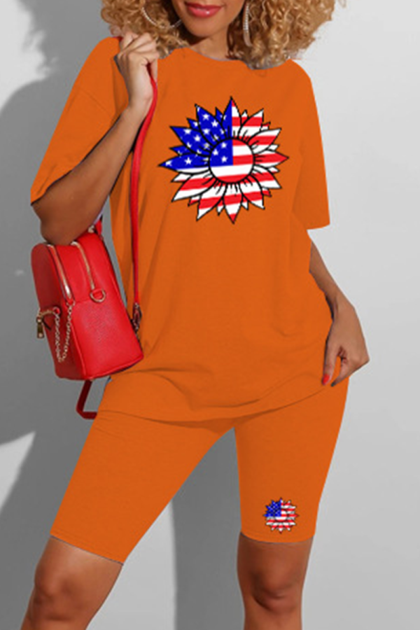Tangerine Red Casual Print American Flag Patchwork O Neck Short Sleeve Two Pieces
