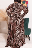 Green Casual Print Leopard Frenulum V Neck Straight Plus Size Dresses