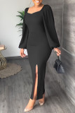 Vestidos de manga larga con cuello cuadrado y abertura sólida informales de moda negra