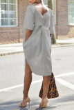 Grey Casual Solid Patchwork Square Collar Straight Dresses