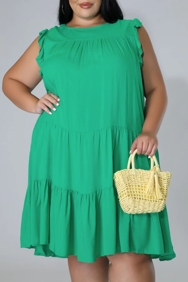 Green Casual Solid Patchwork O Neck A Line Plus Size Dresses