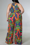 White Fashion Casual Print Patchwork O Neck Plus Size Jumpsuits