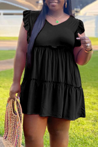Black Casual Solid Patchwork Fold Stringy Selvedge V Neck A Line Plus Size Dresses