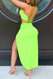 Fluorescent Green Sexy Solid Patchwork Backless Spaghetti Strap Sleeveless Two Pieces