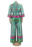 Pantalones cárdigan con estampado informal de moda verde cuello vuelto tres cuartos dos piezas
