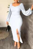 White Fashion Casual Solid Slit Square Collar Long Sleeve Dresses