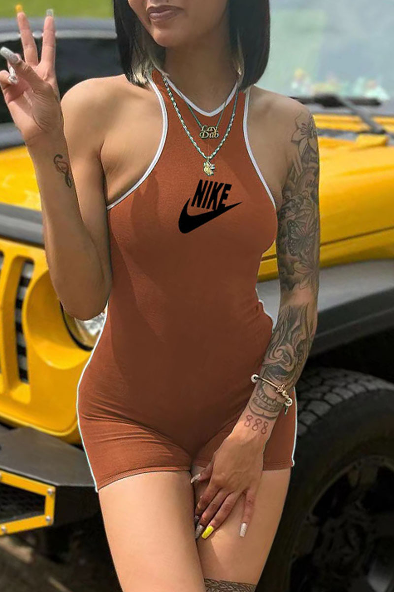 

Camel Fashion Casual Print Letter V Neck Jumpsuits
