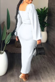 Witte mode casual effen split vierkante kraag jurken met lange mouwen