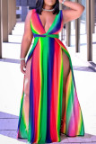 Vestido colorido moda sexy estampa patchwork fenda decote em v sem manga