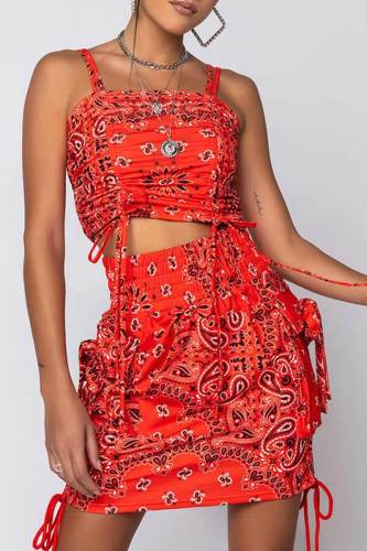 Red Sexy Print Patchwork Frenulum Spaghetti Strap Sleeveless Two Pieces