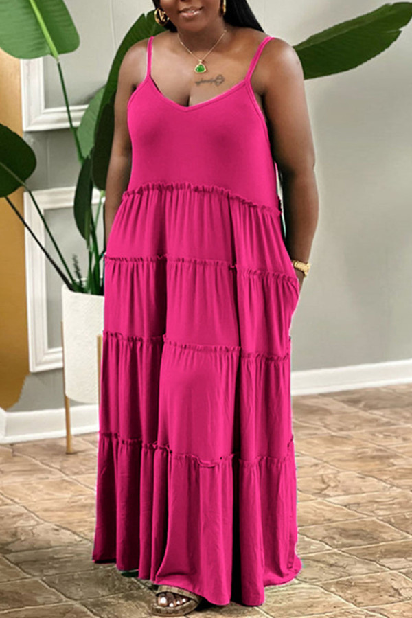 ローズレッドカジュアルソリッドパッチワークパールスパゲッティストラップスリングドレスプラスサイズのドレス