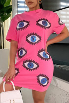 ローズレッドファッションカジュアルパッチワークスパンコールOネックTシャツドレス