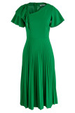 Green Elegant Solid Patchwork Fold Asymmetrical Collar A Line Dresses