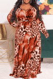 Ginger Casual Print Leopard Frenulum V-Ausschnitt Gerade Kleider in Übergröße
