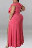 Pink Sexy Solid Bandage Hollowed Out Patchwork Flounce Slit Straight Plus Size Dresses