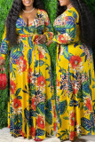 Vestidos de talla grande rectos con cuello en V y frenillo con estampado sexy amarillo