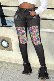 Black Fashion Casual Patchwork Print Ripped High Waist Boot Cut Denim Jeans