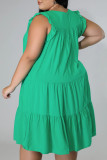 Зеленые повседневные однотонные лоскутные платья с круглым вырезом А-силуэта больших размеров