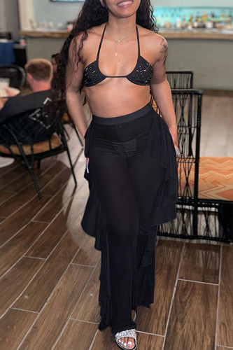 Black Fashion Sexy Solid Patchwork See-through Backless Spaghetti Strap Sleeveless Two Pieces