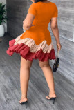 Оранжевые повседневные элегантные однотонные платья в стиле пэчворк с круглым вырезом