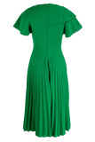 Groene elegante effen patchwork vouw asymmetrische kraag A-lijn jurken