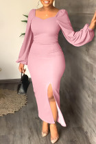 ピンクのファッションカジュアルソリッドスリットスクエアカラー長袖ドレス