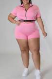 Rosa Casual Solid Patchwork Dragkedja Plus Size Two Pieces