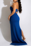 Синее модное сексуальное однотонное вечернее платье без бретелек с открытой спиной и разрезом