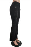Vaqueros de mezclilla regular de cintura alta rasgados sólidos casuales de moda negro