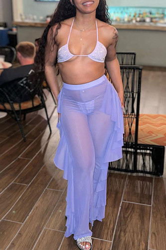 Purple Fashion Sexy Solid Patchwork See-through Backless Spaghetti Strap Sleeveless Two Pieces