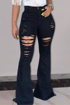 Black Fashion Casual Solid High Waist Regular Flare Leg Ripped Denim Jeans