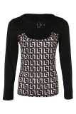 Black Fashion Casual Print Hollowed Out Patchwork O Neck Tops
