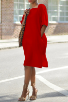 Rode casual effen patchwork vierkante kraag rechte jurken