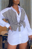 Черно-белое модное повседневное платье-рубашка с отложным воротником и принтом в стиле пэчворк