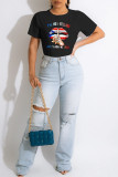 White Blue Red Casual Print Patchwork O Neck T-Shirts