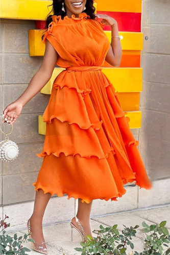 Orange Red Fashion Casual Solid Patchwork Half A Turtleneck Sleeveless Dress