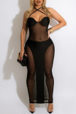 Черное модное сексуальное лоскутное сплошное бинтовое прозрачное платье без рукавов с открытой спиной и лямкой на шее
