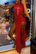 Vestido irregular de cuello alto con abertura alta y estampado sexy rojo Vestidos