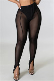 Schwarze, sexy, lässige, solide Patchwork-Hose mit durchsichtigem Schlitz und hoher Taille