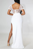 White Sexy Solid Patchwork See-through Backless Slit V Neck Evening Dress