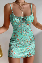グリーンファッションプリント包帯スパゲッティストラップペンシルスカートドレス