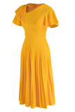 Gelbe, elegante, solide Patchwork-Faltenkleider mit asymmetrischem Kragen und A-Linie