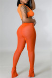 Orangefarbene, sexy, lässige, solide Patchwork-Hose mit durchsichtigem Schlitz und hoher Taille