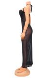 Черное модное сексуальное лоскутное сплошное бинтовое прозрачное платье без рукавов с открытой спиной и лямкой на шее