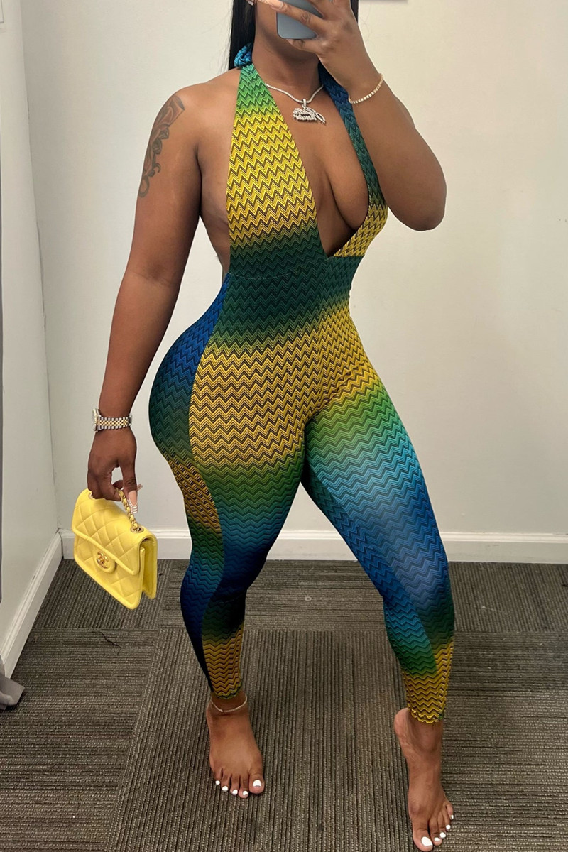 Blue Yellow Fashion Sexy Print Backless Halter Skinny Jumpsuits