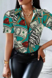 Gray Green Casual Print Patchwork Buckle Turndown Collar Tops