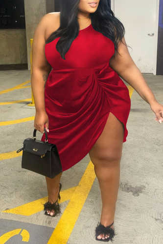 Red Sexy Solid Patchwork Fold Asymmetrical Oblique Collar Irregular Dress Plus Size Dresses