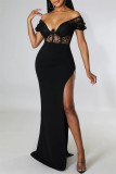 Черное сексуальное сплошное лоскутное прозрачное вечернее платье с разрезом на спине и V-образным вырезом