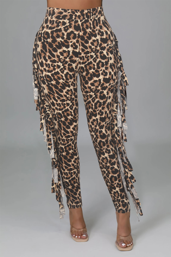 Estampado de leopardo Borla de leopardo sexy Flaco Lápiz de cintura alta Pantalones con estampado completo