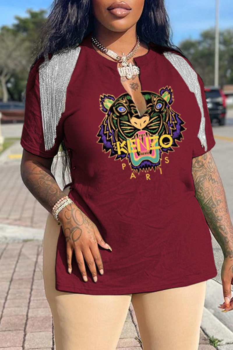 Burgundy Fashion Casual Print Letter V Neck T-Shirts